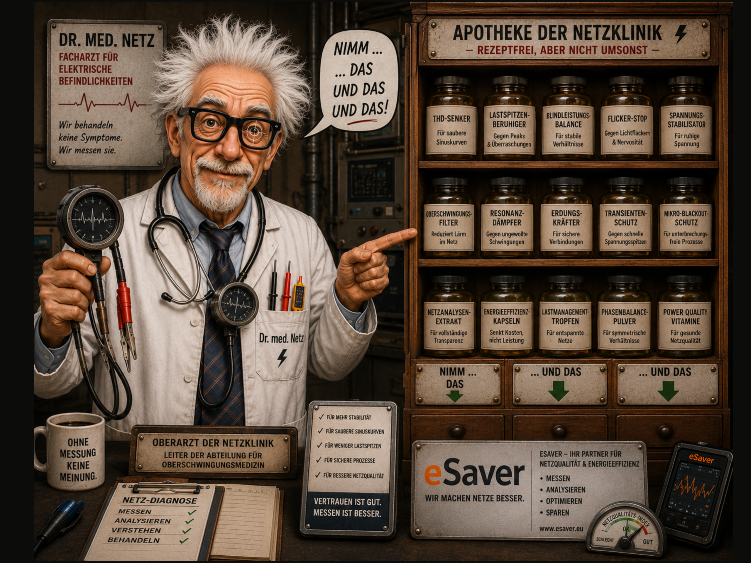 Dr. med. Netz in seiner Netzklinik zwischen Diagnosetafeln, Messwerten und der Apotheke der Netzklinik.