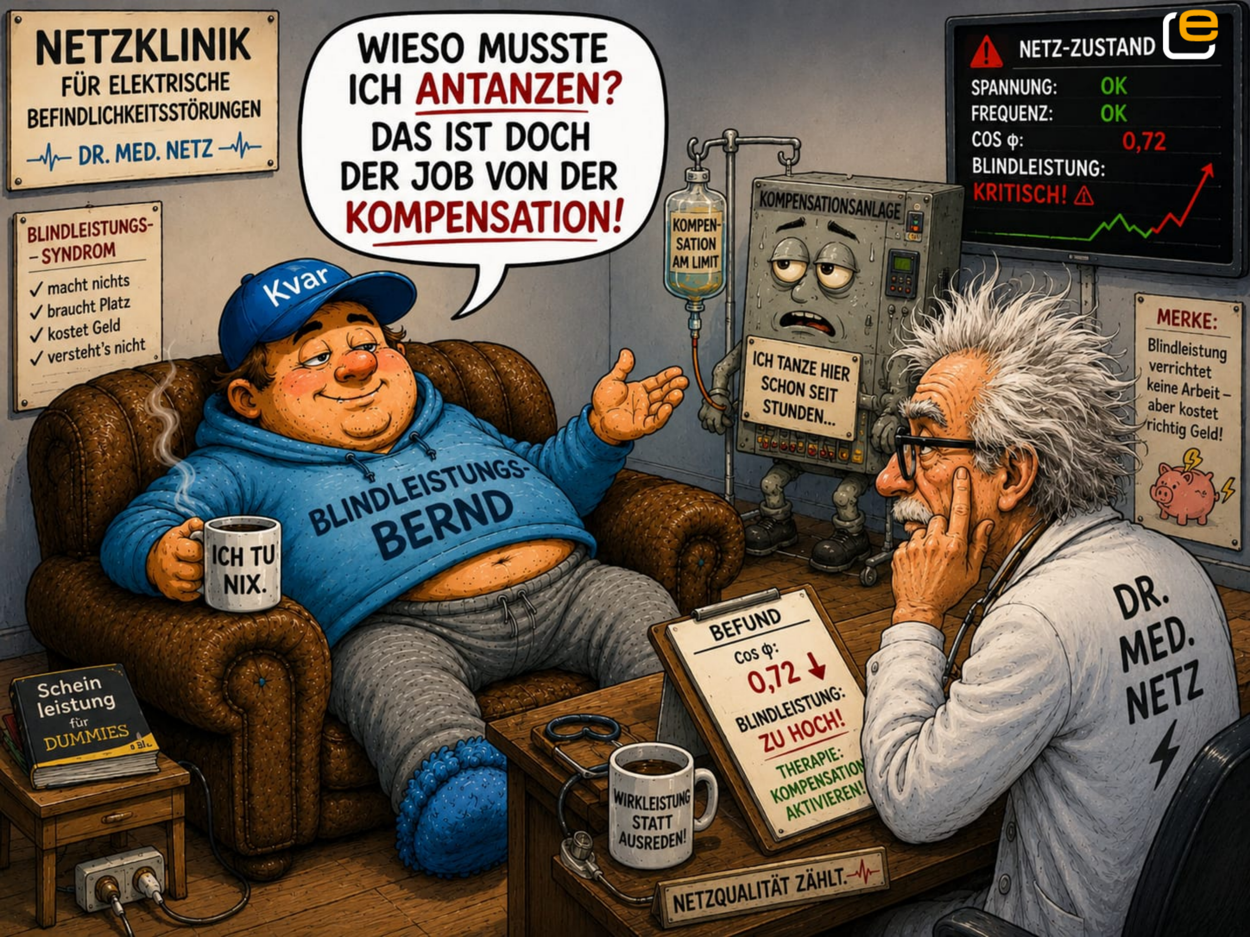 Blindleistungs-Bernd sitzt als Patient in der Netzklinik und spricht mit Dr. med. Netz über Blindleistung und Leistungsfaktor.