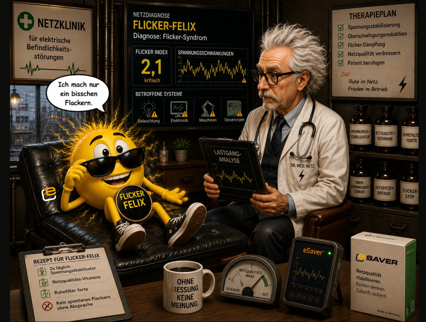 Flicker Felix wird in der Netzklinik wegen Spannungsflackern und kurzzeitigen Netzstörungen untersucht