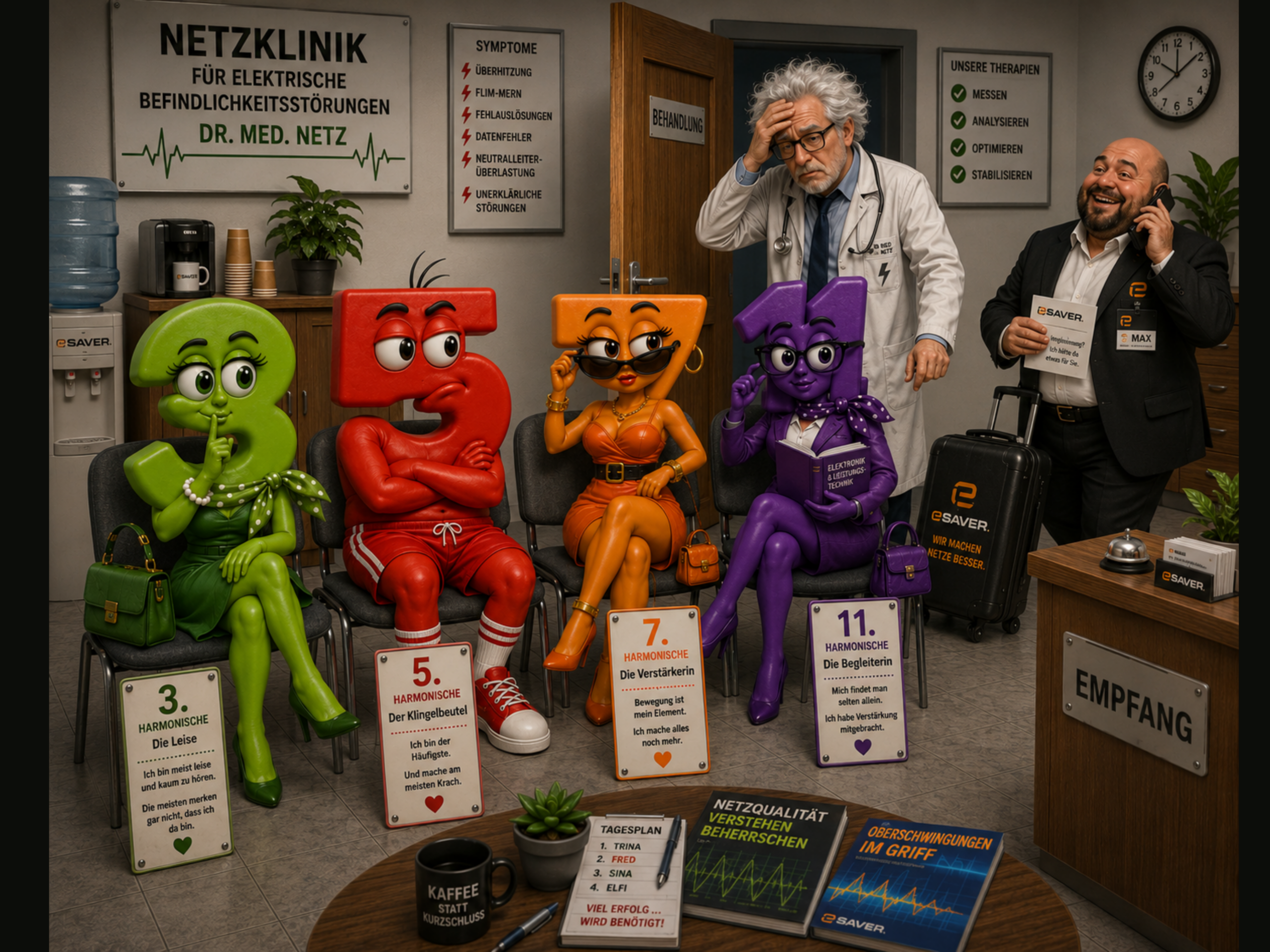 Die Harmonischen besuchen die Netzklinik und sprechen mit Dr. med. Netz über Oberschwingungen und Netzqualität.