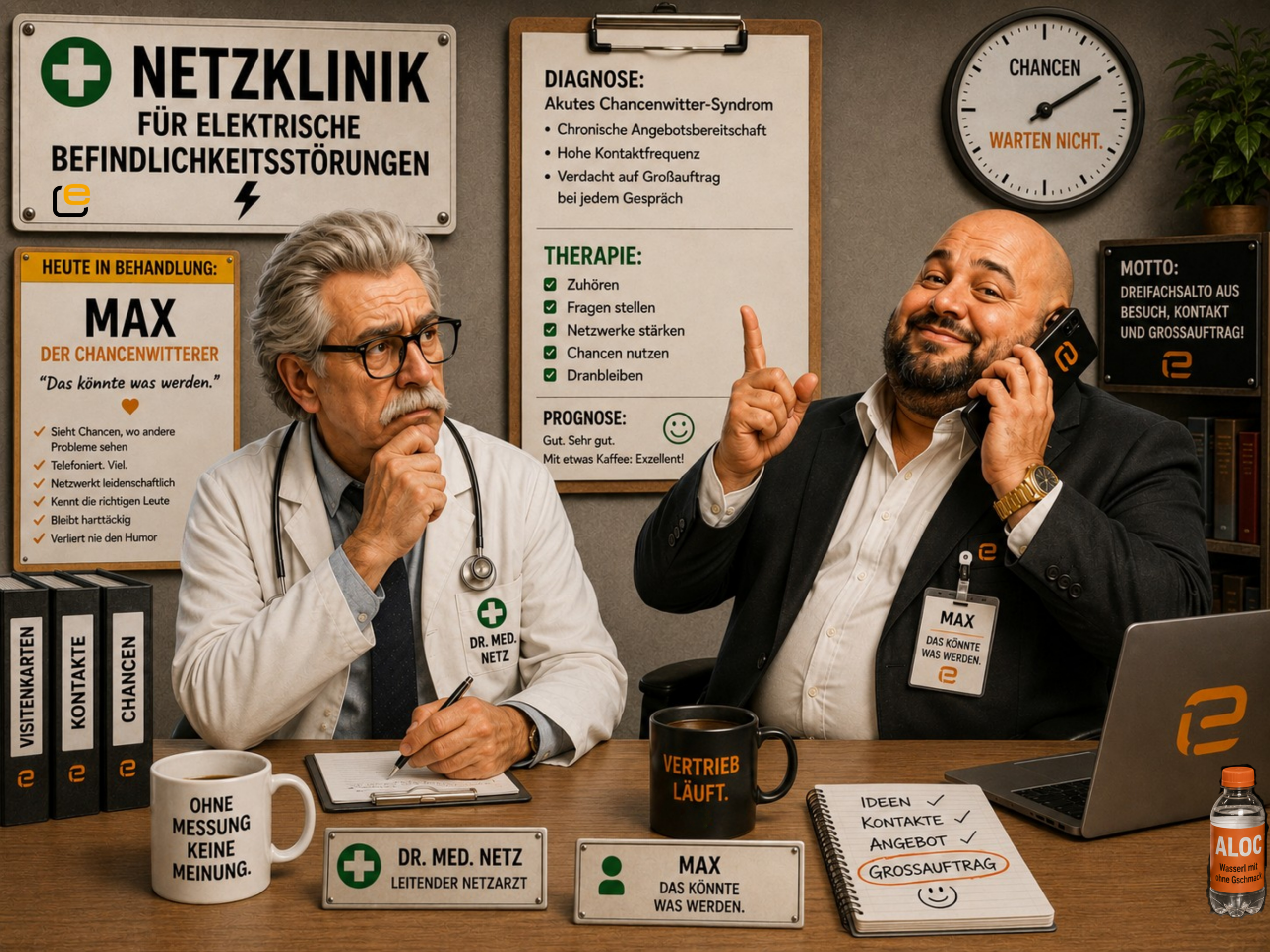Max diskutiert mit Dr. med. Netz über Kundenanfragen, Netzprobleme und technische Herausforderungen.
