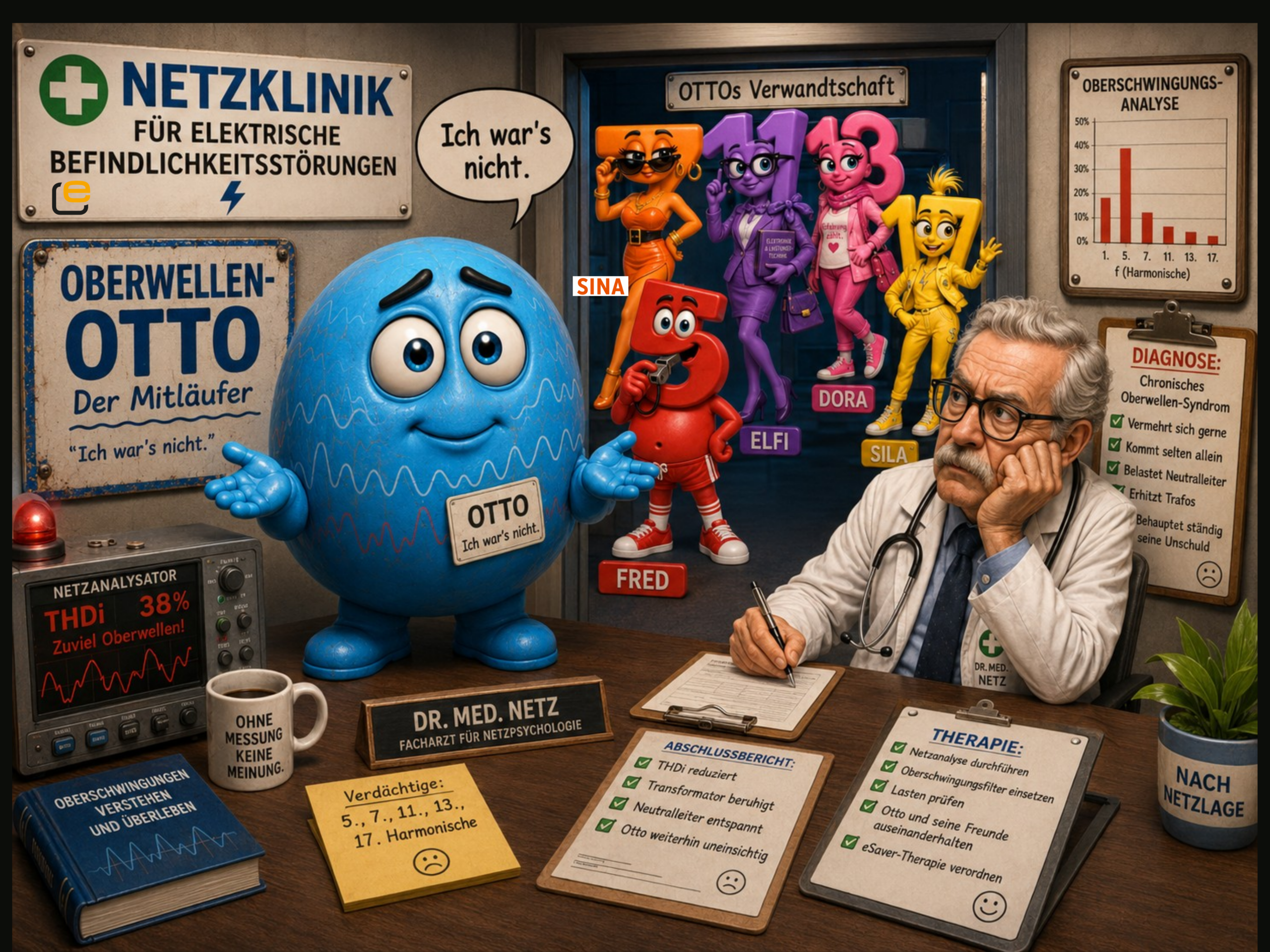 Oberwellen Otto wird in der Netzklinik wegen Oberschwingungen und Netzverzerrungen untersucht.