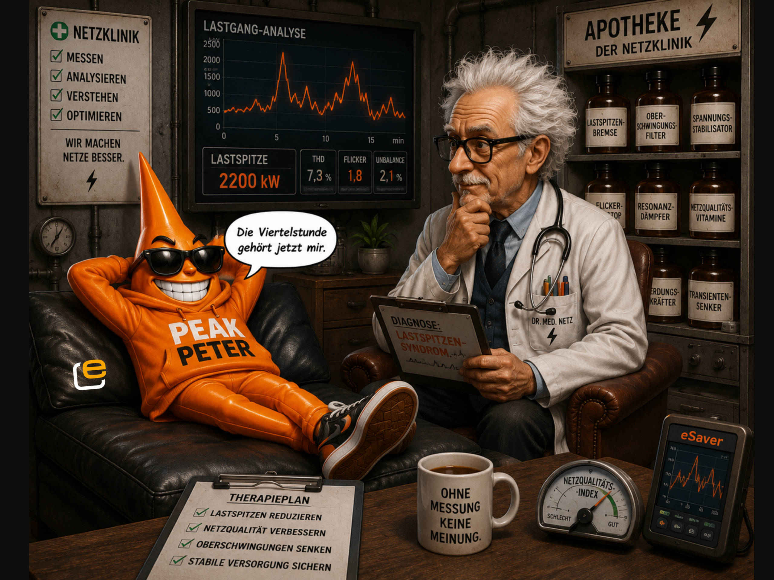 Peak Peter besucht die Netzklinik wegen hoher Lastspitzen und kurzzeitiger Leistungsschwankungen.
