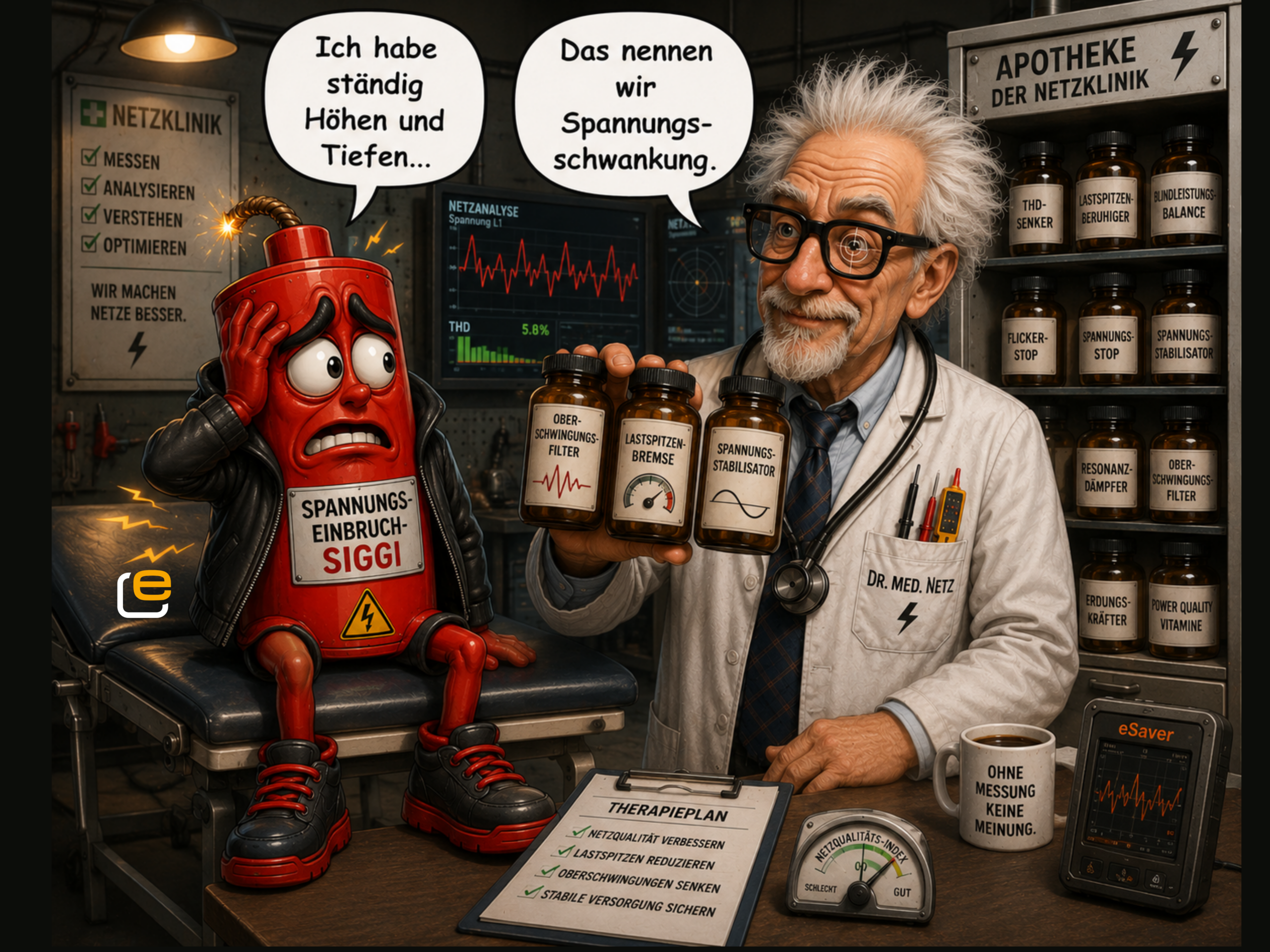 Spannungseinbruch Siggi besucht die Netzklinik wegen kurzzeitiger Spannungsabsenkungen und Netzschwankungen.