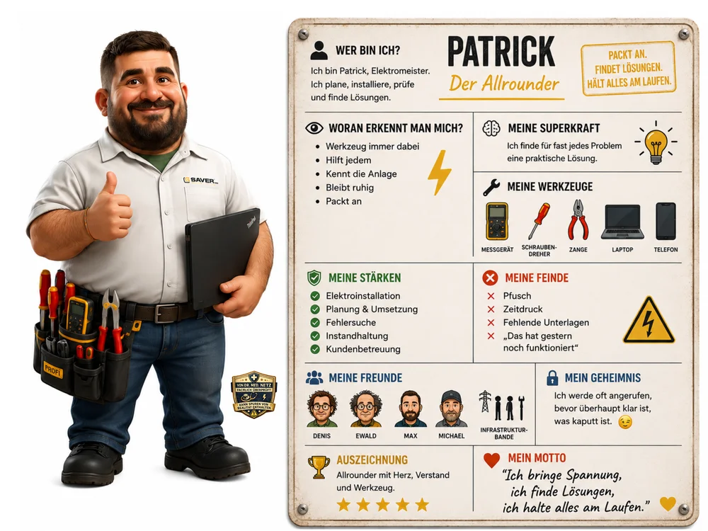 Steckbrief-Grafik des Comic-Charakters Patrick, „Der Allrounder“, Elektriker bei eSAVER, mit Werkzeuggürtel und den Rubriken Wer bin ich, Superkraft, Werkzeuge, Stärken, Feinde, Freunde und Motto „Packt an. Findet Lösungen. Hält alles am Laufen.“