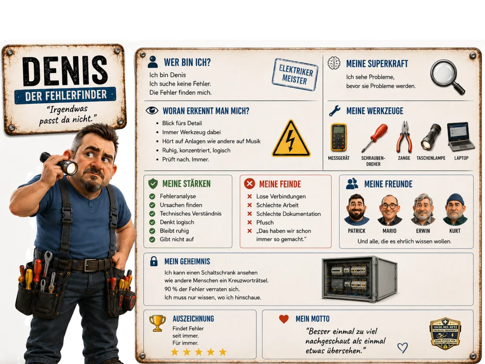 Steckbrief-Grafik des Comic-Charakters Denis, „Der Fehlerfinder“, Elektriker-Meister für Elektrotechnik und Schaltanlagenbau bei eSAVER, mit Taschenlampe und Werkzeug sowie den Rubriken Superkraft, Werkzeuge, Stärken, Feinde, Freunde und Motto „Irgendwas passt da nicht.“