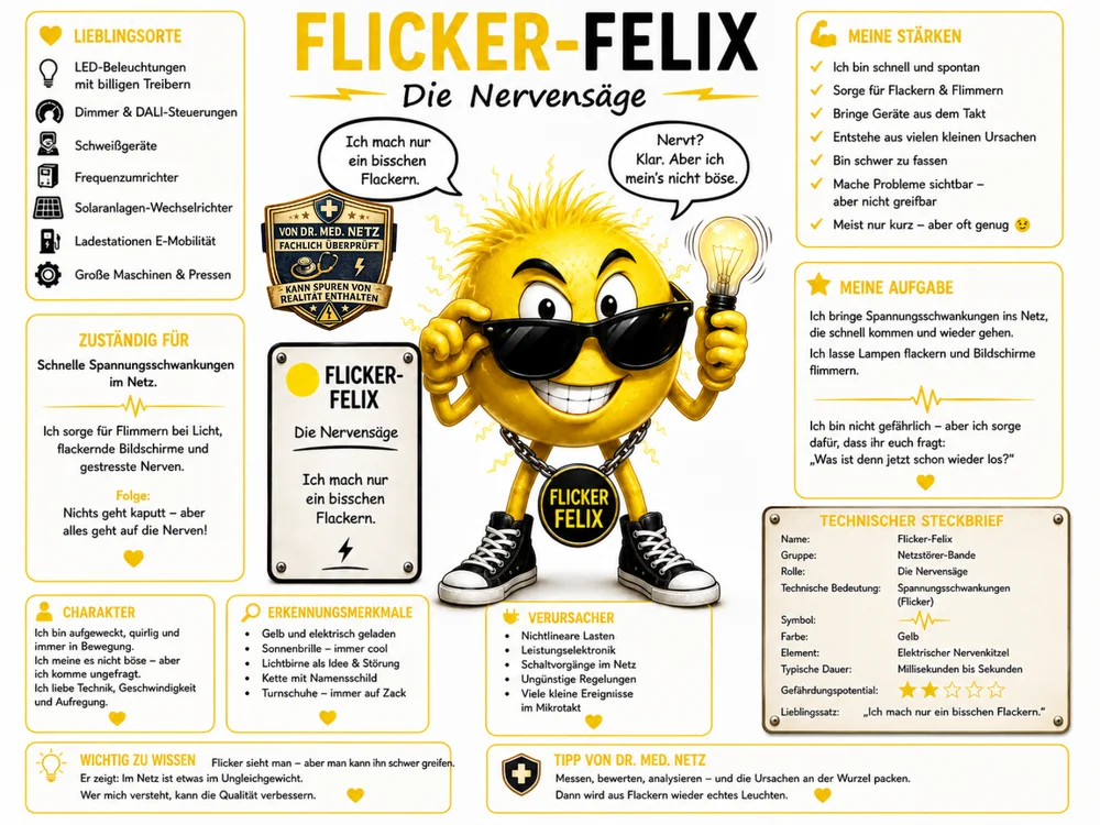 Infografik-Steckbrief zu Flicker-Felix mit Textblöcken zu Lieblingsorten, Zuständigkeit, Charakter, Erkennungsmerkmalen, Verursachern, Gefährdungspotential und technischem Steckbrief; im Zentrum die gelbe Figur mit Sonnenbrille und Glühbirne.