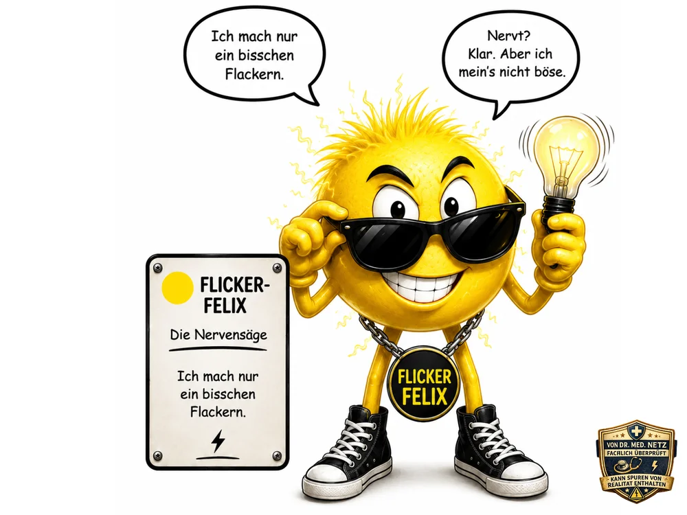 Gelbe kugelförmige Comicfigur mit wilder Frisur, schwarzer Sonnenbrille und breitem Grinsen hält eine flackernde Glühbirne in der rechten Hand; Sprechblasen zeigen die Sätze „Ich mach nur ein bisschen Flackern“ und „Nervt? Klar. Aber ich mein's nicht böse“; daneben ein Schild mit der Aufschrift „Flicker-Felix – Die Nervensäge“.