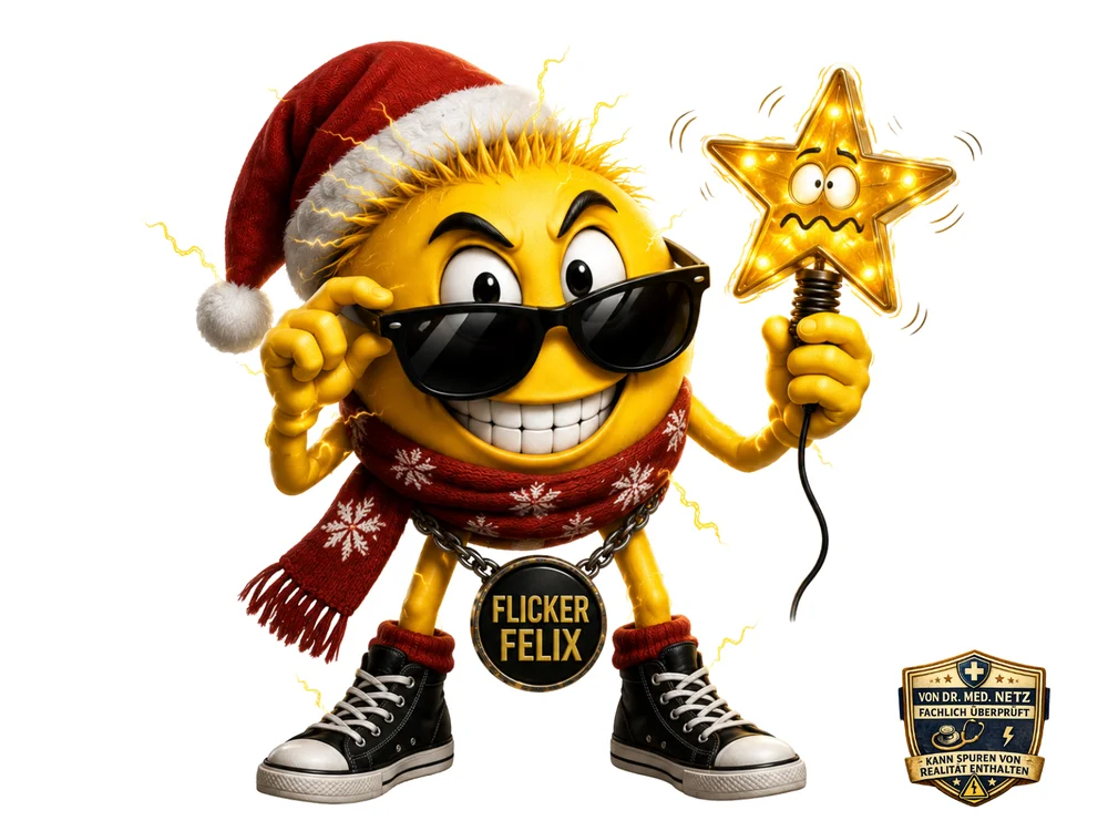 Gelbe kugelförmige Comicfigur mit Sonnenbrille, Weihnachtsmütze und gestreiftem Winterschal hält statt der Glühbirne einen leuchtenden, besorgt dreinblickenden Weihnachtsstern in der Hand.