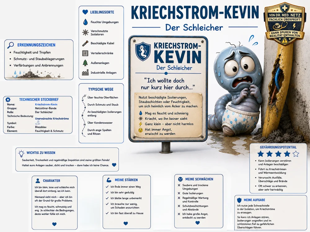 Infografik-Steckbrief zu Kriechstrom-Kevin mit Textblöcken zu Erkennungszeichen, Lieblingsorten, typischen Wegen, technischem Steckbrief, Charakter, Stärken, Schwächen und Aufgabe; im Zentrum die blassblaue, verschreckte wurmartige Figur neben einem beschädigten Kabel an einer feuchten Wand.