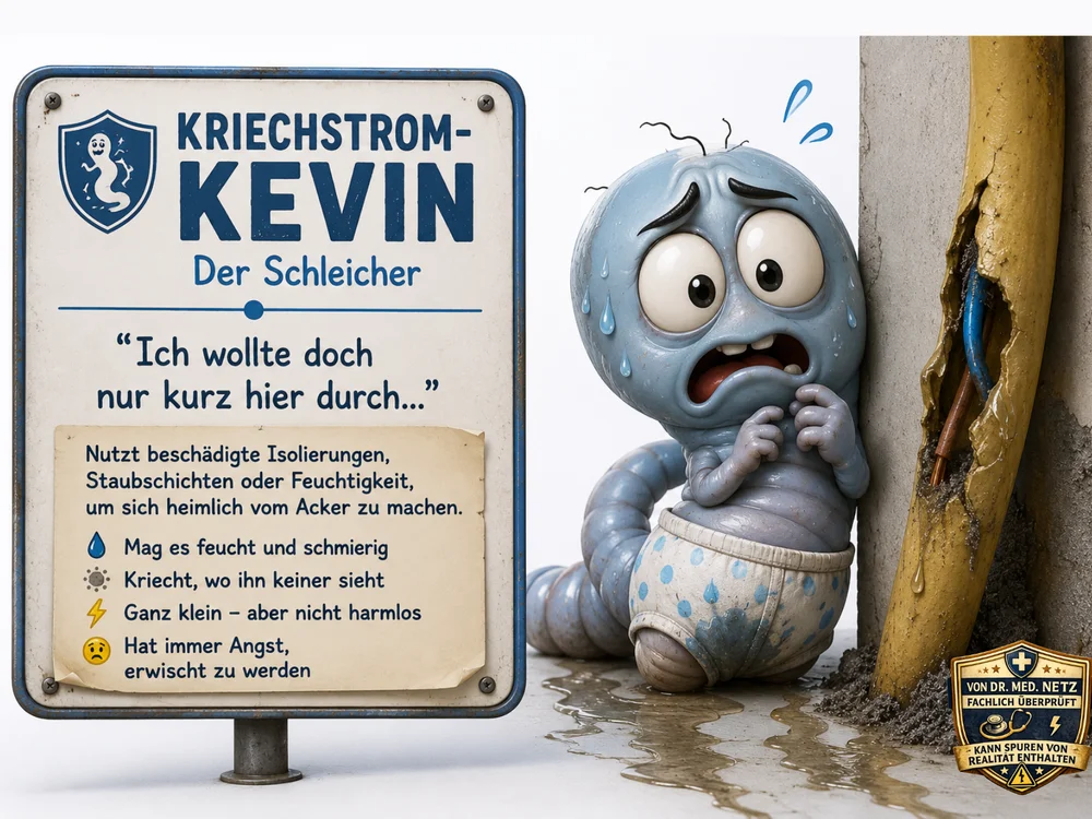Blassblaue, wurmartige Comicfigur mit ängstlichem Gesichtsausdruck und Schweißtropfen kauert windelbekleidet neben einem beschädigten gelben Kabel, aus dem ein blankes Drahtende an einer feuchten, rissigen Wand hervorschaut; eine Pfütze breitet sich am Boden aus; daneben ein Schild mit der Aufschrift „Kriechstrom-Kevin – Der Schleicher“ und dem Zitat „Ich wollte doch nur kurz hier durch…“.