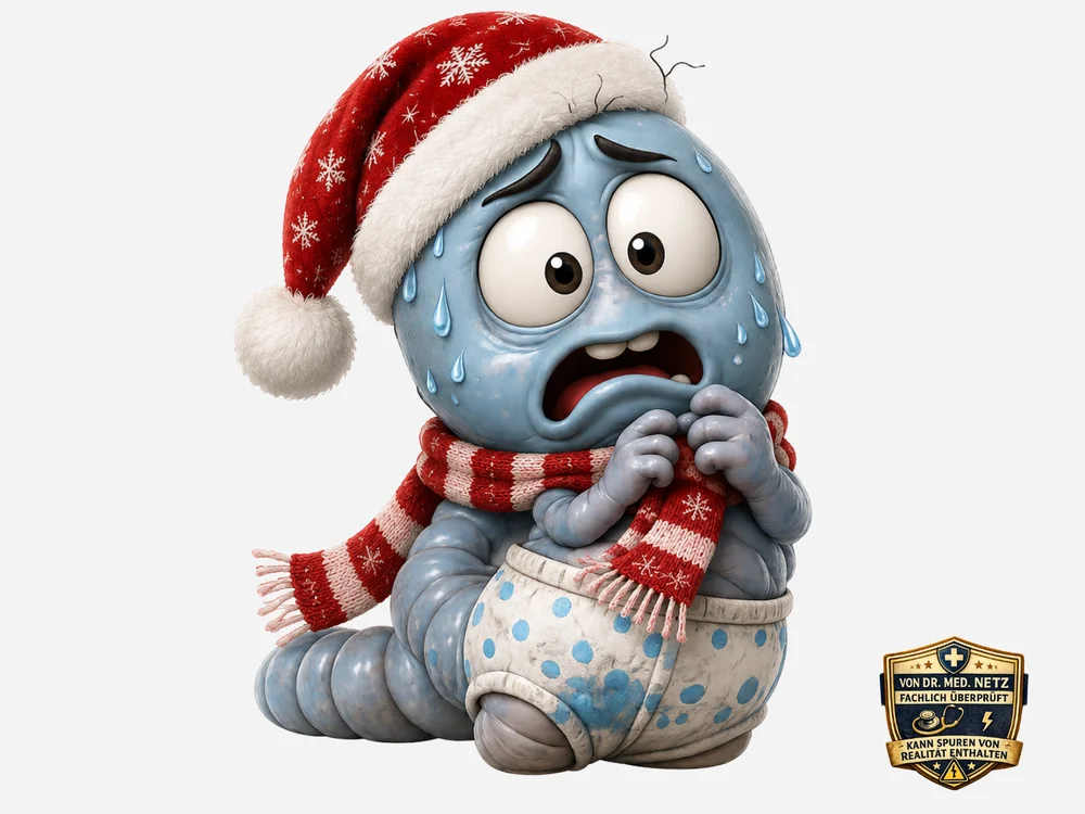 Blassblaue, wurmartige Comicfigur mit Weihnachtsmütze und rot-weiß gestreiftem Schal sitzt ängstlich mit gefalteten Händen und Schweißtropfen auf der Stirn.