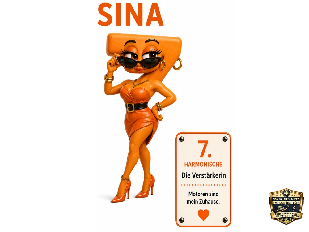 Illustration der Comicfigur Sina, orangefarbene Figur mit der Zahl 7 als Kopf, Sonnenbrille, elegantem Kleid, goldenem Schmuck und High Heels; Infobox 'Zuständig für: Bewegung im Netz' sowie Karte '7. Harmonische – Die Verstärkerin – Motoren sind mein Zuhause.'