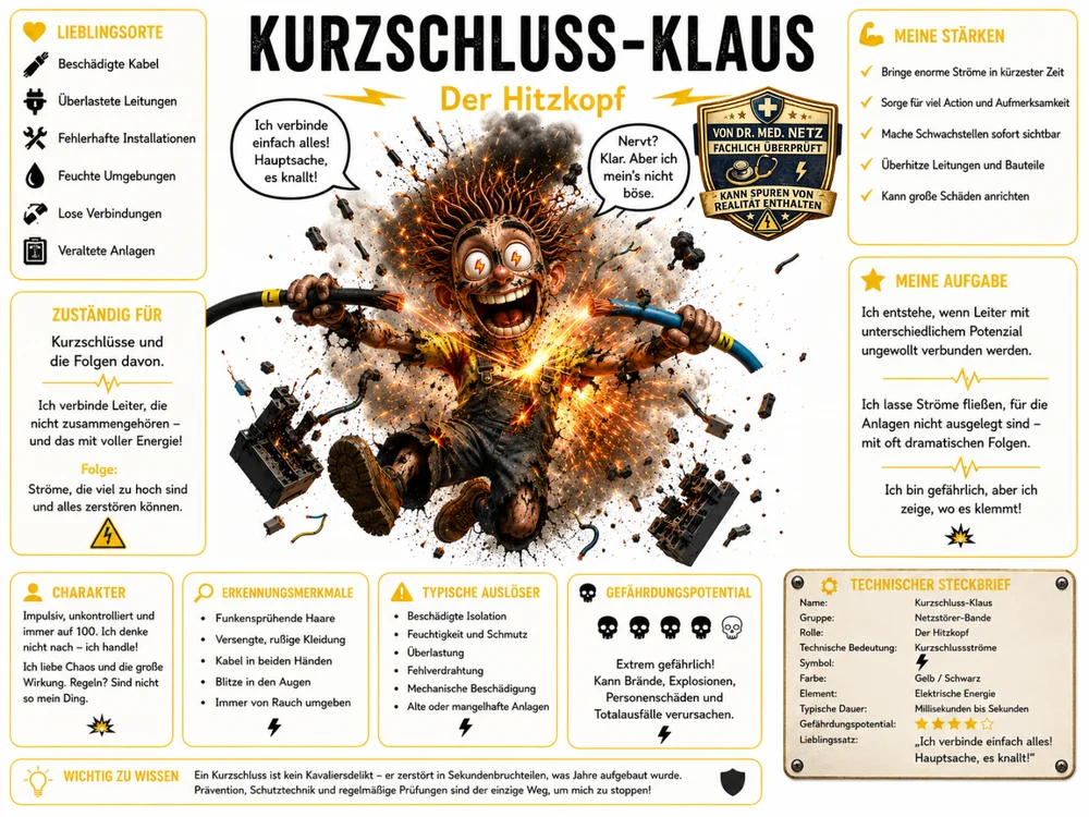 Infografik-Steckbrief zu Kurzschluss-Klaus mit Textblöcken zu Lieblingsorten, Zuständigkeit, Charakter, Erkennungsmerkmalen, typischen Auslösern, Gefährdungspotential und technischem Steckbrief; im Zentrum der explodierende Junge mit sparkenden Kabeln.