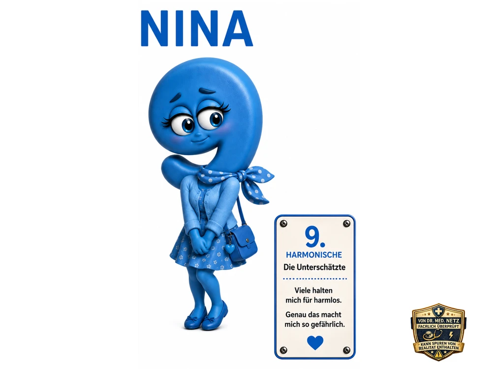 Illustration der Comicfigur Nina, blaue Figur mit der Zahl 9 als Kopf, gepunktetem Schleifenband, Cardigan-Kleid und kleiner Handtasche; Infobox 'Zuständig für: Störungen, die keiner erwartet' sowie Karte '9. Harmonische – Die Unterschätzte – Viele halten mich für harmlos. Genau das macht mich so gefährlich.'