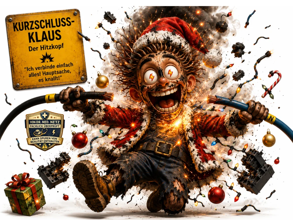 Comicjunge mit versengten Haaren, blitzförmigen Pupillen und Weihnachtsmütze in einem berußten Weihnachtsmantel hält funkensprühend zwei blanke Kabelenden zwischen Weihnachtskugeln, Lichterkette und einem Geschenk.