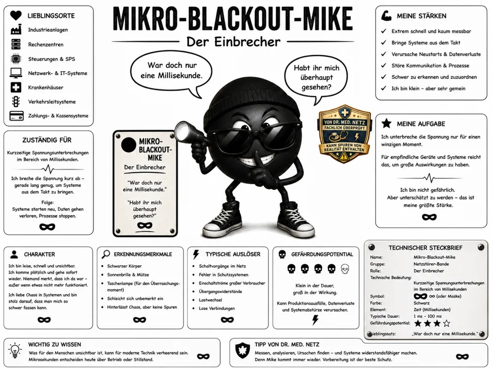 Infografik-Steckbrief zu Mikro-Blackout-Mike mit Textblöcken zu Lieblingsorten, Zuständigkeit, Charakter, Erkennungsmerkmalen, typischen Auslösern, Gefährdungspotential und technischem Steckbrief; im Zentrum die schwarze Kugelfigur mit Taschenlampe und „Pst“-Geste.