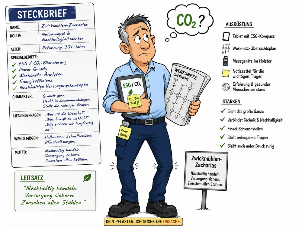 Steckbrief des Comic-Charakters Zwickmühlen-Zacharias, Netzanalyst und Nachhaltigkeitsdenker, mit Tablet zu ESG und CO2-Zielen sowie einem Werksnetz-Übersichtsplan, Motto „Nachhaltig handeln. Versorgung sichern. Zwischen allen Stühlen.“