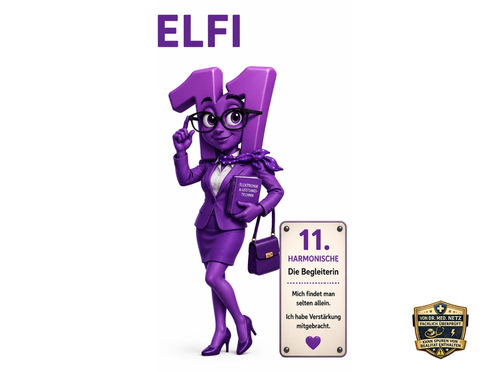 Illustration der Comicfigur Elfi im Elfenkostüm: violette Figur mit der Zahl 11 als Kopf, grün-rotem Elfenoutfit mit Zipfelmütze und Glöckchen, hält das Buch 'Elektronik & Leistungstechnik' und eine Handtasche