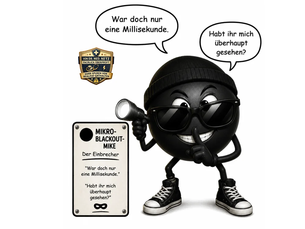 Schwarze kugelförmige Comicfigur mit schwarzer Mütze und Sonnenbrille hält eine leuchtende Taschenlampe in der einen Hand und macht mit der anderen eine „Pst“-Geste vor dem grinsenden Mund; Sprechblasen zeigen die Sätze „War doch nur eine Millisekunde“ und „Habt ihr mich überhaupt gesehen?“; daneben ein Schild mit der Aufschrift „Mikro-Blackout-Mike – Der Einbrecher“.