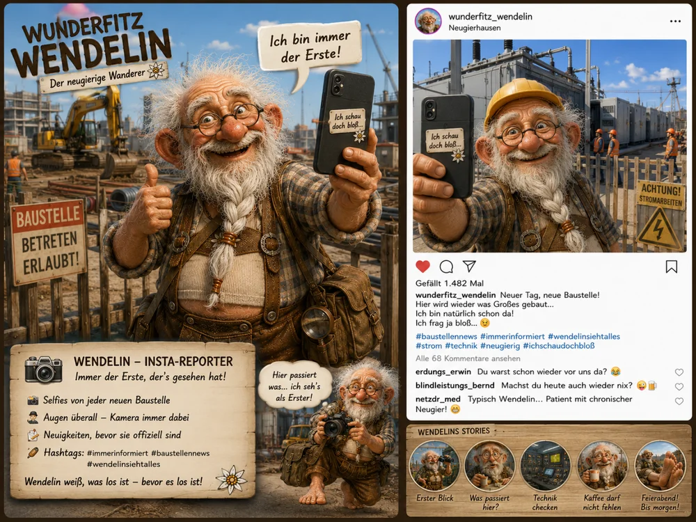 Instagram-Post-Mockup mit Wunderfitz Wendelin, einem neugierigen älteren Mann in Lederhosen, der auf einer Baustelle ein Selfie macht, mit Sprechblase „Ich bin immer der Erste!“ und Kommentaren von Erdungs-Erwin und Blindleistungs-Bernd.