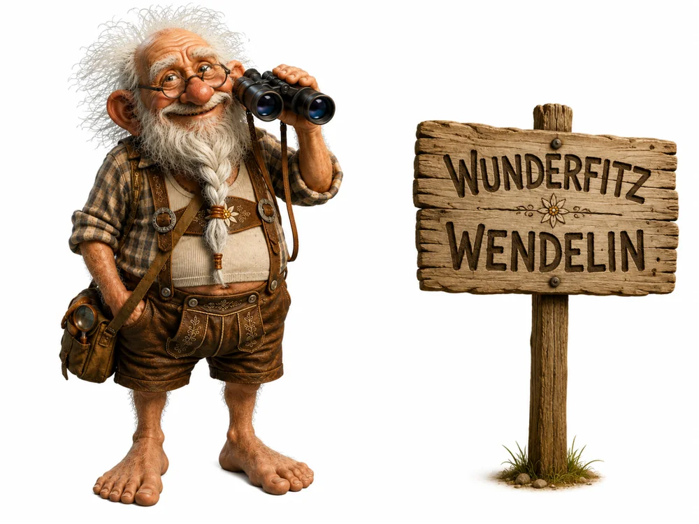Comic-Figur Wunderfitz Wendelin, barfuß, in Lederhosen, mit Fernglas und Umhängetasche, neben einem hölzernen Schild mit der Aufschrift „Wunderfitz Wendelin“.