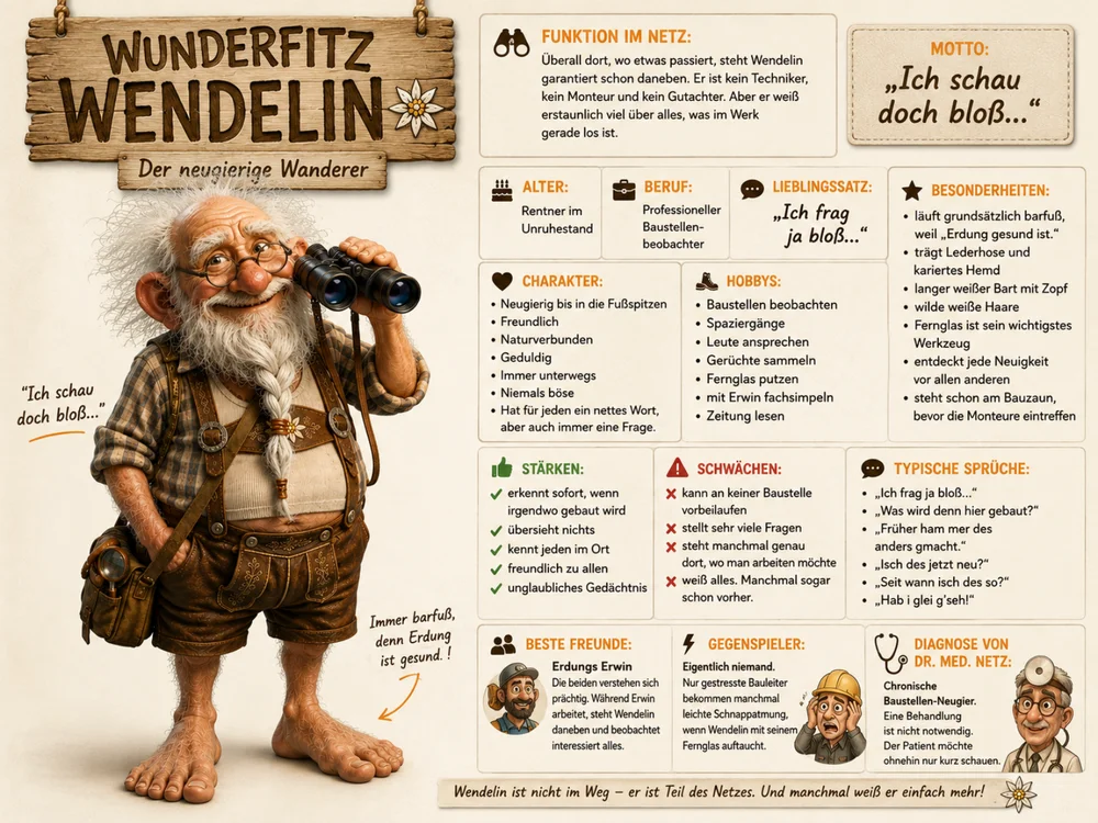 Steckbrief von Wunderfitz Wendelin mit den Rubriken Funktion im Netz, Alter, Beruf, Besonderheiten, Charakter, Stärken, Schwächen, typische Sprüche, beste Freunde und Diagnose von Dr. med. Netz, Motto „Ich schau doch bloß...“