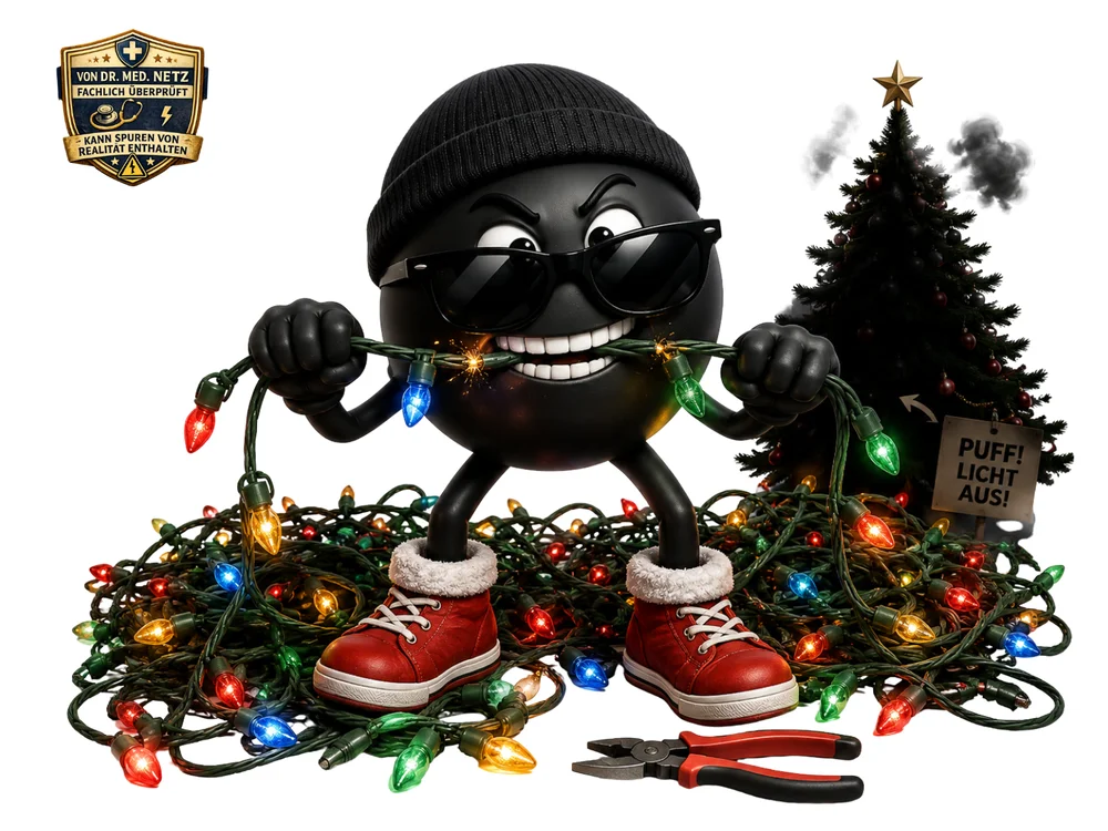 Schwarze kugelförmige Comicfigur mit Mütze, Sonnenbrille und roten Winterschuhen hält grinsend eine bunte Lichterkette in beiden Händen, während im Hintergrund ein rauchender, verdunkelter Weihnachtsbaum mit einem Schild „Puff! Licht aus!“ und eine Zange am Boden liegen.