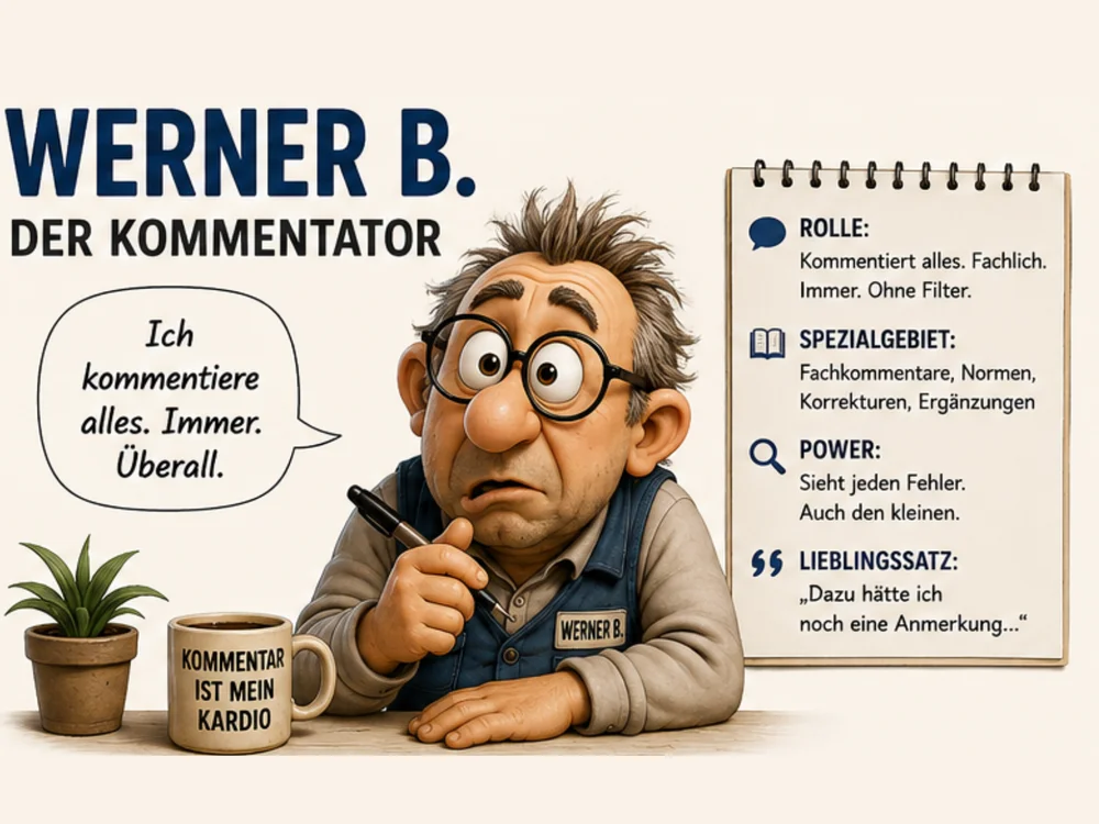 Comic-Figur Werner B., „Der Kommentator“, ein älterer Mann mit runder Brille am Schreibtisch mit Tasse „Kommentar ist mein Kardio“ und Sprechblase „Ich kommentiere alles. Immer. Überall.“
