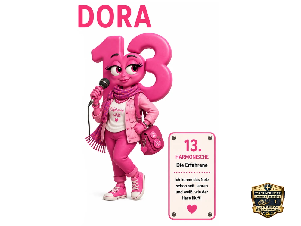 Illustration der Comicfigur Dora, pinke Figur mit der Zahl 13 als Kopf, Mikrofon in der Hand, gestreiftem Schal, Jeansjacke mit Shirt 'Erfahrung zählt' und Tasche mit Aufnäher '20+ Jahre'; Infobox 'Zuständig für: Überraschungen im Alltag' sowie Karte '13. Harmonische – Die Erfahrene – Ich kenne das Netz schon seit Jahren und weiß, wie der Hase läuft!'