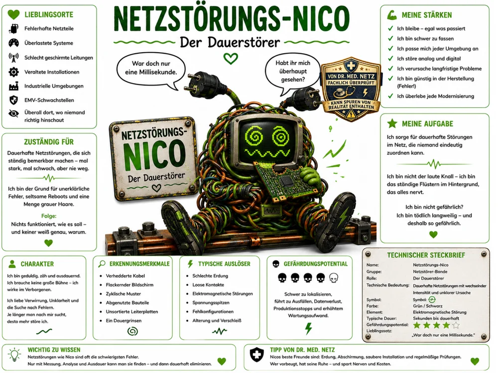 Infografik-Steckbrief zu Netzstörungs-Nico mit Textblöcken zu Lieblingsorten, Zuständigkeit, Charakter, Erkennungsmerkmalen, typischen Auslösern, Gefährdungspotential, Stärken, Aufgabe und technischem Steckbrief; im Zentrum die kabelumwickelte Roboterfigur mit Bildschirmkopf und Spiralaugen, dabei die Sprechblasen „War doch nur eine Millisekunde“ und „Habt ihr mich überhaupt gesehen?“.