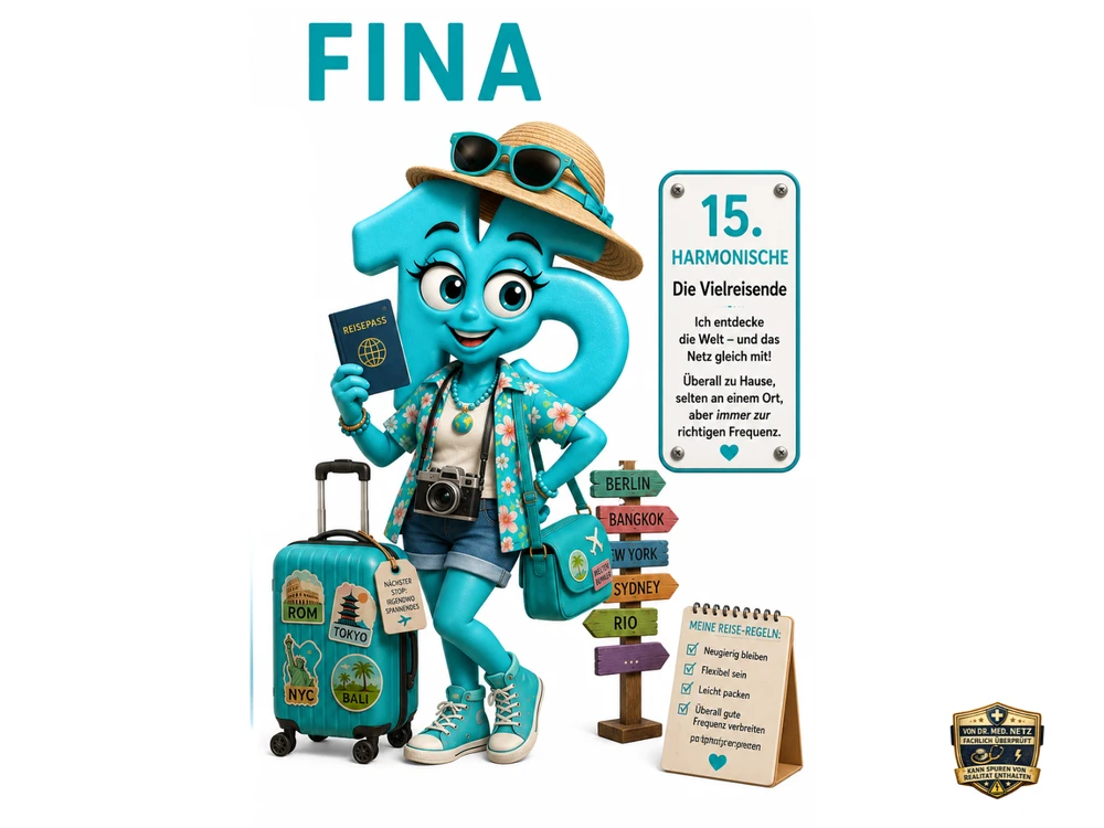 Illustration der Comicfigur Fina, türkisfarbene Figur mit der Zahl 15 als Kopf, Sonnenhut, Sonnenbrille, Reisepass, Kamera und Koffer mit Reise-Stickern (Rom, Tokio, New York, Bali); Infobox 'Zuständig für: Weltreisen im Netz' sowie Karte '15. Harmonische – Die Vielreisende – Ich entdecke die Welt – und das Netz gleich mit! Überall zu Hause, selten an einem Ort, aber immer zur richtigen Frequenz.'