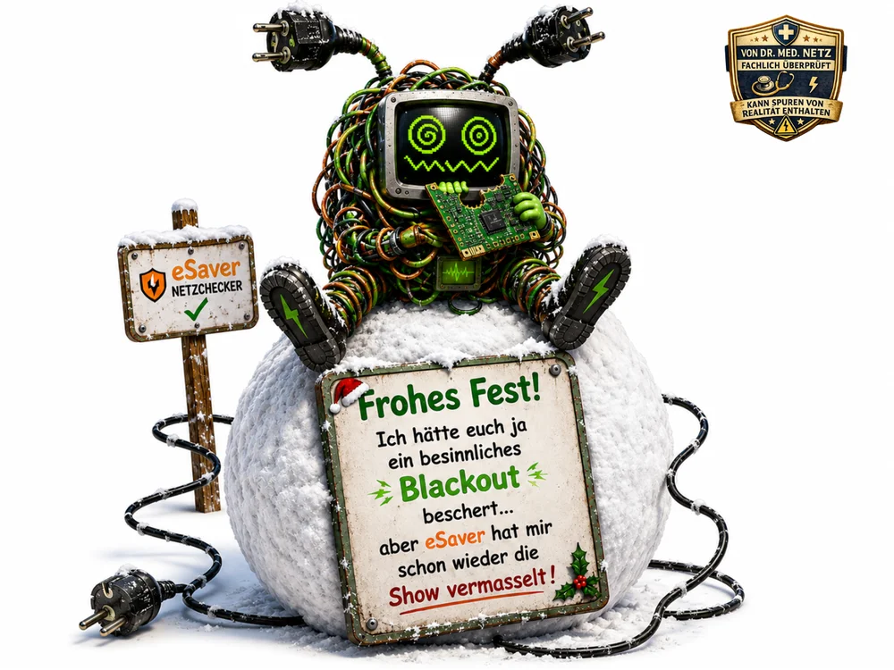 Kabelumwickelte Roboterfigur mit Bildschirmkopf und Spiralaugen sitzt auf einem Schneeball neben einem Schild mit der Aufschrift „eSaver Netzchecker“ und hält ein weihnachtliches Schild mit dem Text „Frohes Fest! Ich hätte euch ja ein besinnliches Blackout beschert… aber eSaver hat mir schon wieder die Show vermasselt!“.