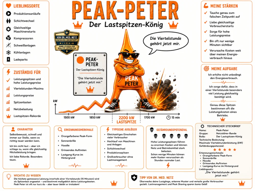 Infografik-Steckbrief zu Peak-Peter mit Textblöcken zu Lieblingsorten, Zuständigkeit, Charakter, Erkennungsmerkmalen, typischen Auslösern, Gefährdungspotential, Stärken, Aufgabe und technischem Steckbrief; im Zentrum die orangene Kegelfigur mit Lastgang-Kurve.