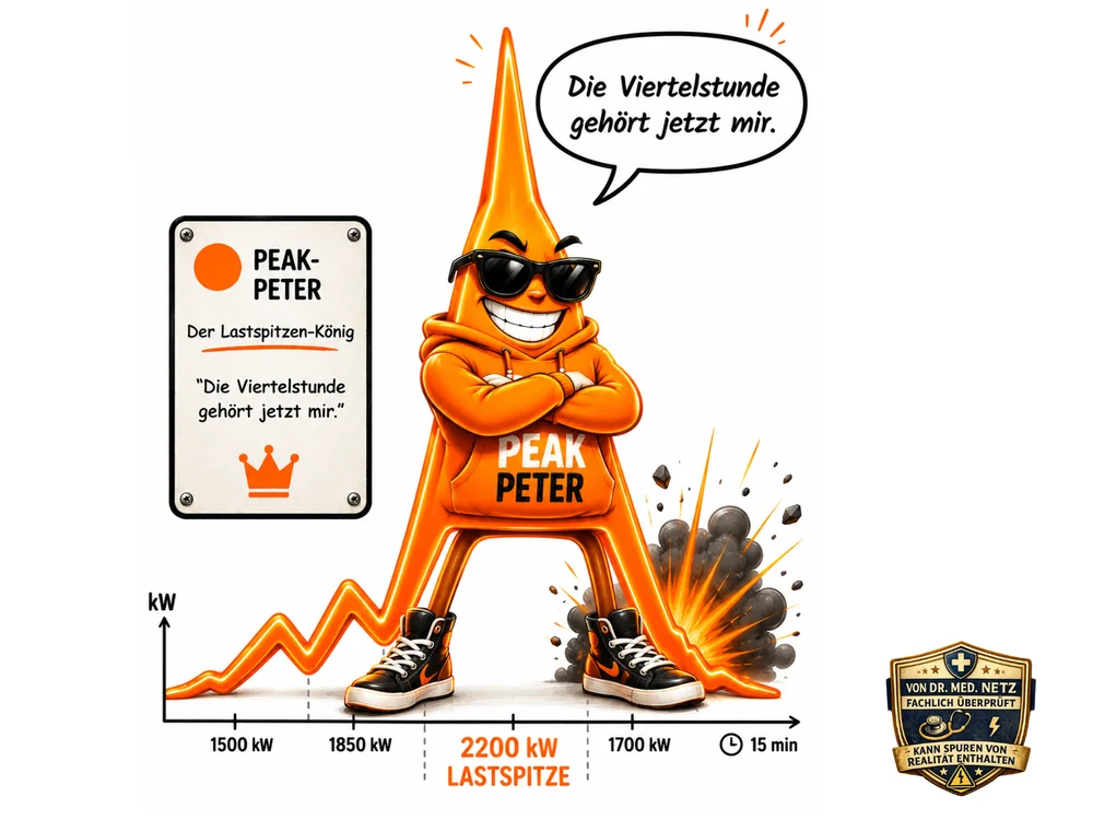 Orangene, kegelförmige Comicfigur mit Sonnenbrille, Kapuzenpulli mit Aufschrift „PEAK PETER“ und schwarzen Sneakers steht grinsend mit verschränkten Armen vor einer explodierenden Rauchwolke; im Hintergrund eine Lastgang-Kurve mit den Werten 1500 kW, 1850 kW, 2200 kW Lastspitze, 1700 kW und „15 min“; Sprechblase „Die Viertelstunde gehört jetzt mir.“