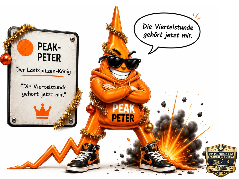 Orangene, kegelförmige Comicfigur mit Sonnenbrille, goldener Lametta-Girlande und Weihnachtskugeln steht grinsend vor einer explodierenden Rauchwolke, mit der Lastgang-Kurve im Hintergrund; Sprechblase „Die Viertelstunde gehört jetzt mir.“