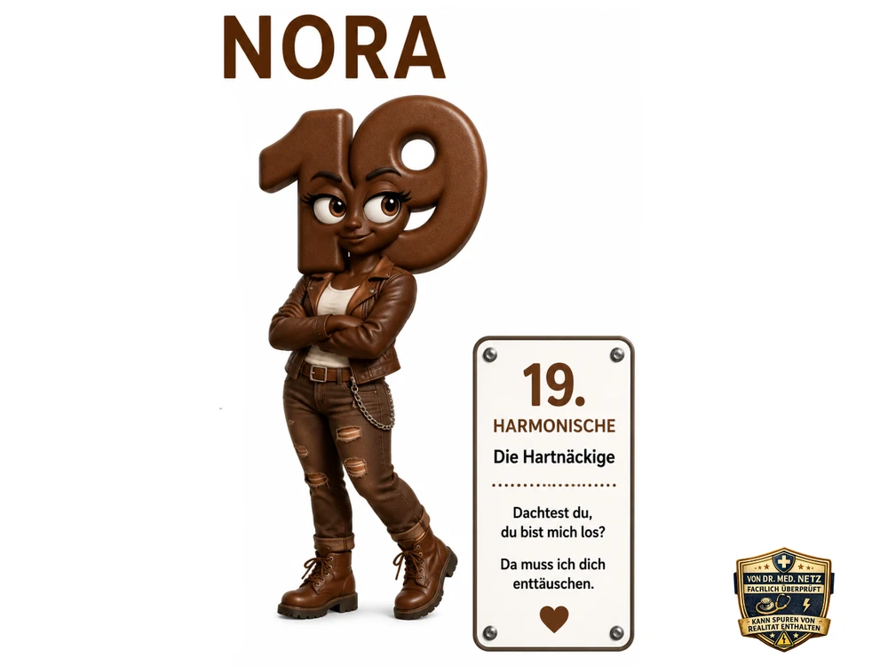 Illustration der Comicfigur Nora, braune Figur mit der Zahl 19 als Kopf, verschränkten Armen, Lederjacke und zerrissener Jeans; Infobox 'Zuständig für: Hartnäckigkeit mit System' sowie Karte '19. Harmonische – Die Hartnäckige – Dachtest du, du bist mich los? Da muss ich dich enttäuschen.'