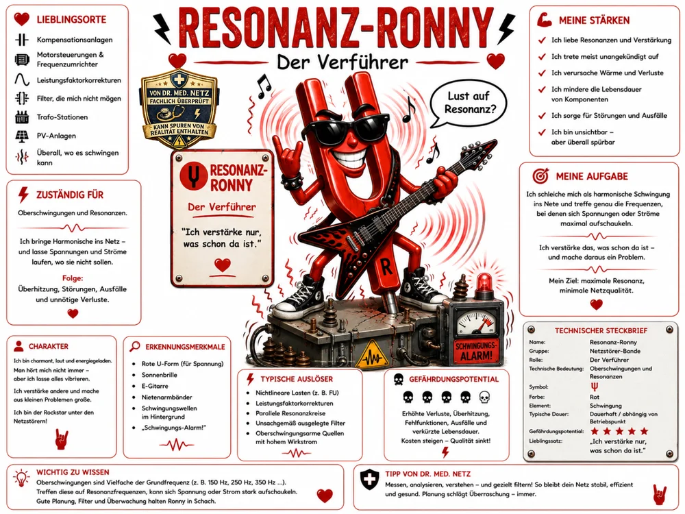 Infografik-Steckbrief zu Resonanz-Ronny mit Textblöcken zu Lieblingsorten, Zuständigkeit, Charakter, Erkennungsmerkmalen, typischen Auslösern, Gefährdungspotential, Stärken, Aufgabe und technischem Steckbrief; im Zentrum die rote U-förmige Gitarrenfigur auf einem Trafo-Gerät mit Schwingungsalarm.