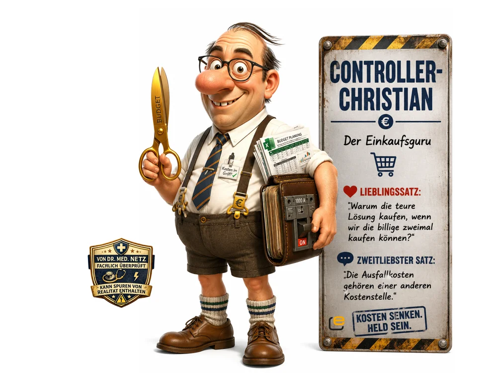 Comic-Figur Controller-Christian mit goldener Schere „Budget“ und Aktenordner-Tasche, neben einem Schild „Controller-Christian – Der Einkaufsguru“ mit Lieblingssatz „Warum die teure Lösung kaufen, wenn wir die billige zweimal kaufen können?“