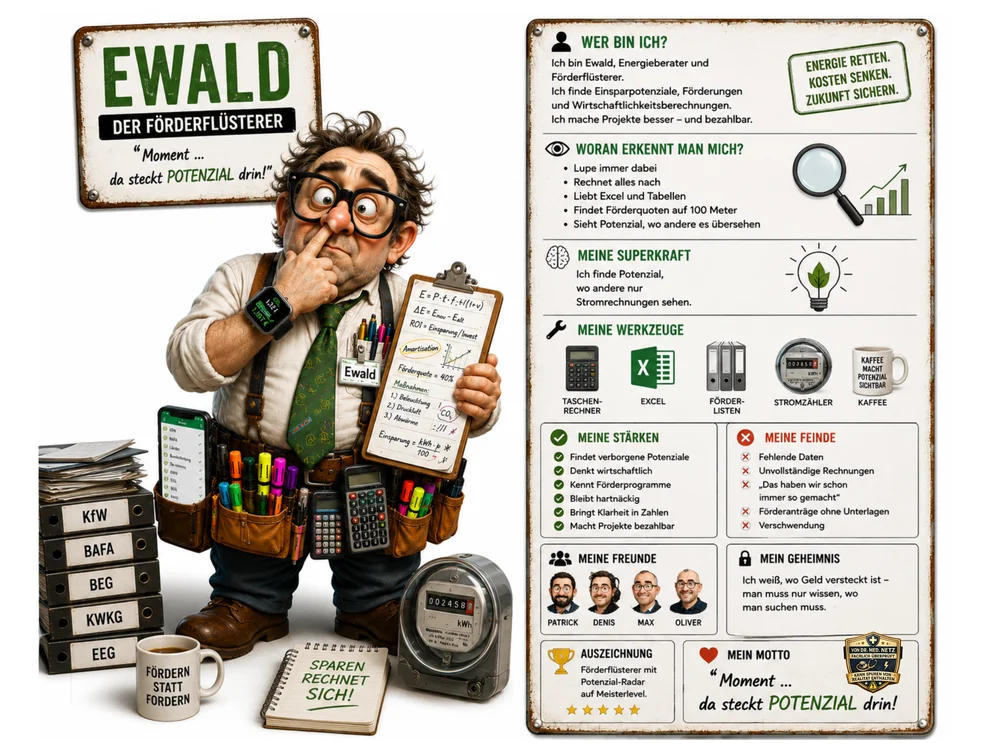 Doppelseite mit Comic-Figur Ewald, „Der Förderflüsterer“, Energieberater mit Lupe, Klemmbrett und Werkzeuggürtel voller Stifte, sowie Steckbrief-Rubriken Wer bin ich, Superkraft, Werkzeuge, Stärken, Feinde, Freunde, Geheimnis und Motto „Moment ... da steckt Potenzial drin!“