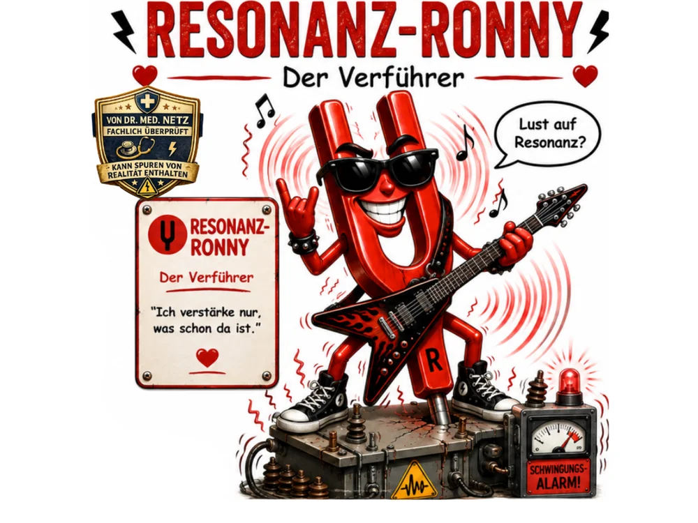 Rote, U-förmige (stimmgabelartige) Comicfigur mit Sonnenbrille, Nietenarmbändern und schwarzen Sneakers spielt eine rote E-Gitarre auf einem Trafo-Gerät mit rot blinkendem „Schwingungsalarm“-Signal; Sprechblase „Lust auf Resonanz?“; daneben ein Schild mit der Aufschrift „Resonanz-Ronny – Der Verführer“ und dem Zitat „Ich verstärke nur, was schon da ist.“