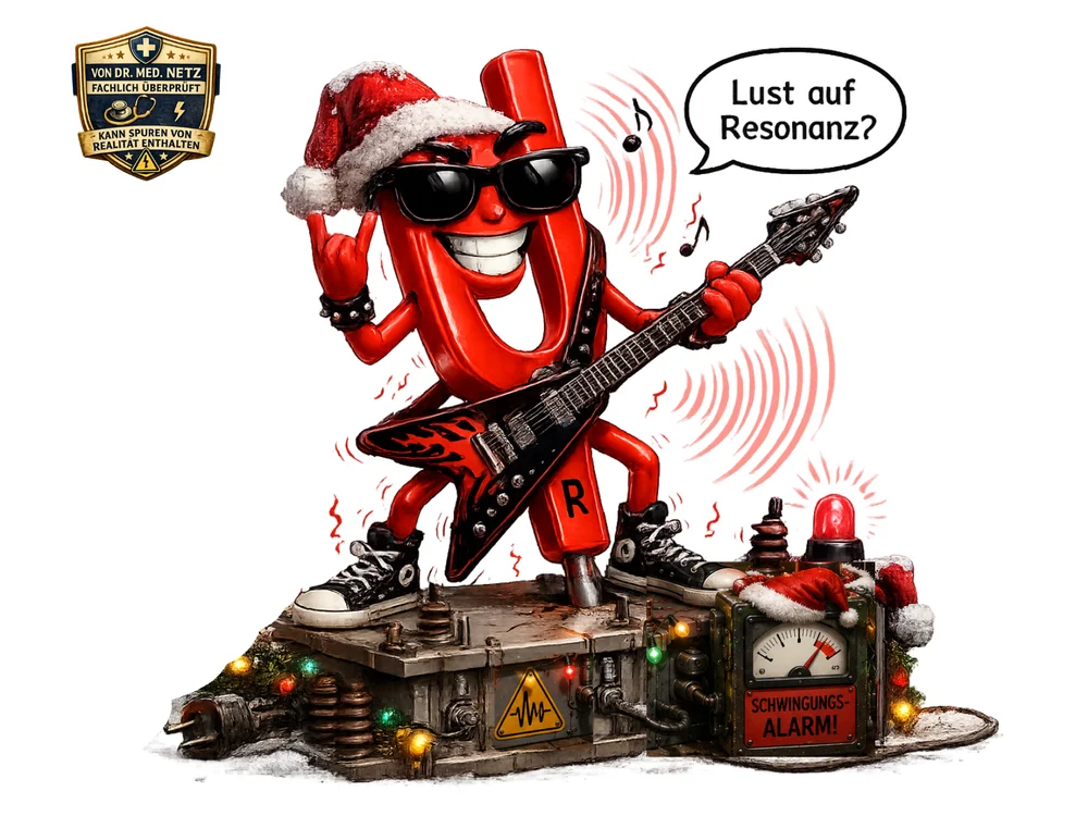 Rote, U-förmige Gitarrenfigur mit Sonnenbrille und Weihnachtsmütze spielt E-Gitarre auf einem mit Lichterkette und Weihnachtsmütze geschmückten Trafo-Gerät mit rot blinkendem Schwingungsalarm; Sprechblase „Lust auf Resonanz?“
