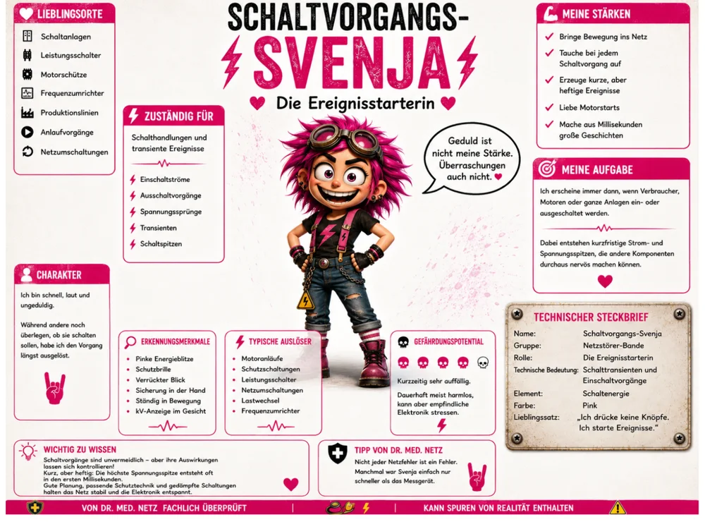 Infografik-Steckbrief zu Schaltvorgangs-Svenja mit Textblöcken zu Lieblingsorten, Zuständigkeit, Charakter, Erkennungsmerkmalen, typischen Auslösern, Gefährdungspotential, Stärken und Aufgabe; im Zentrum das pinkhaarige Mädchen mit Schutzbrille und Blitzsymbol.