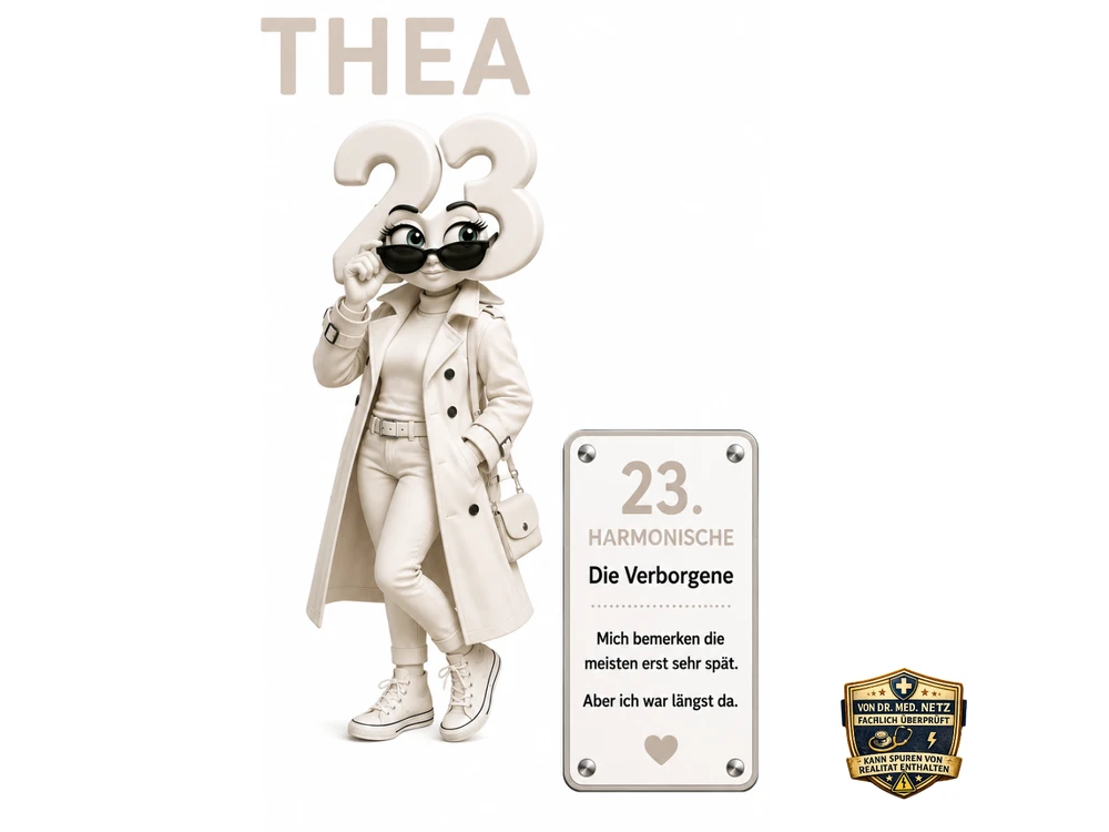 Illustration der Comicfigur Thea, cremefarbene Figur mit der Zahl 23 als Kopf, Sonnenbrille, langem Trenchcoat und Handtasche; Infobox „Zuständig für: Früher erkennen. Besser handeln." sowie Karte „23. Harmonische – Die Verborgene – Mich bemerken die meisten erst sehr spät. Aber ich war längst da."