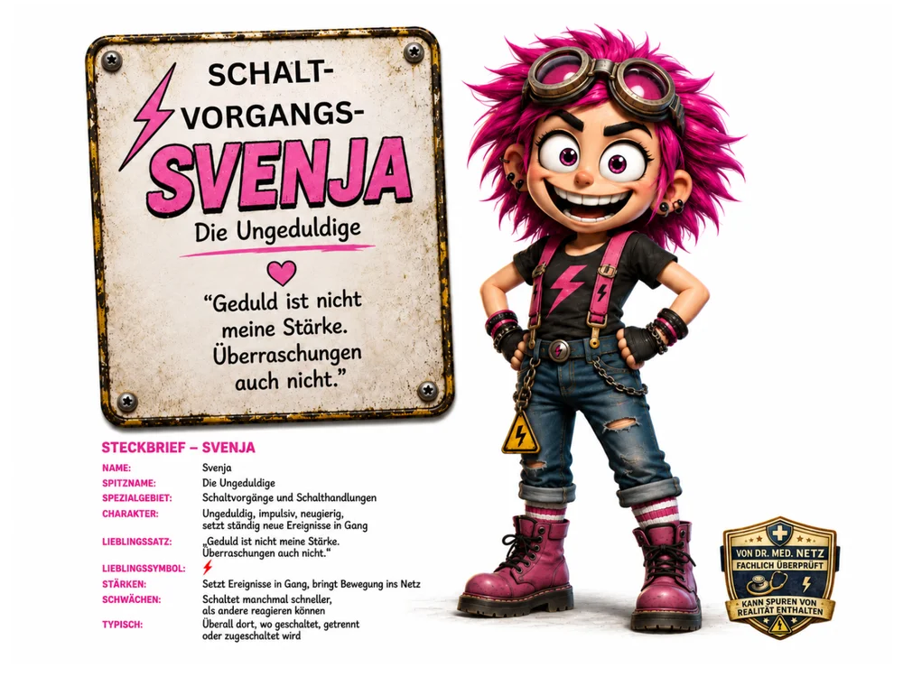 Comicfigur eines Mädchens mit wilder pinker Frisur, Schutzbrille auf der Stirn, pinken Hosenträgern über schwarzem T-Shirt mit Blitzsymbol und pinken Springerstiefeln steht mit den Händen in den Hüften und breitem Grinsen vor einem Schild mit der Aufschrift „Schaltvorgangs-Svenja – Die Ungeduldige“ und dem Zitat „Geduld ist nicht meine Stärke. Überraschungen auch nicht.“
