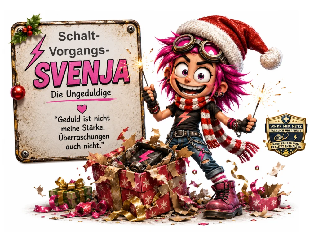 Pinkhaariges Mädchen mit Schutzbrille, Weihnachtsmütze und rot-weiß gestreiftem Schal hält zwei Wunderkerzen in den Händen und steht vor einem geöffneten Geschenkkarton mit Konfetti und Geschenkbändern.
