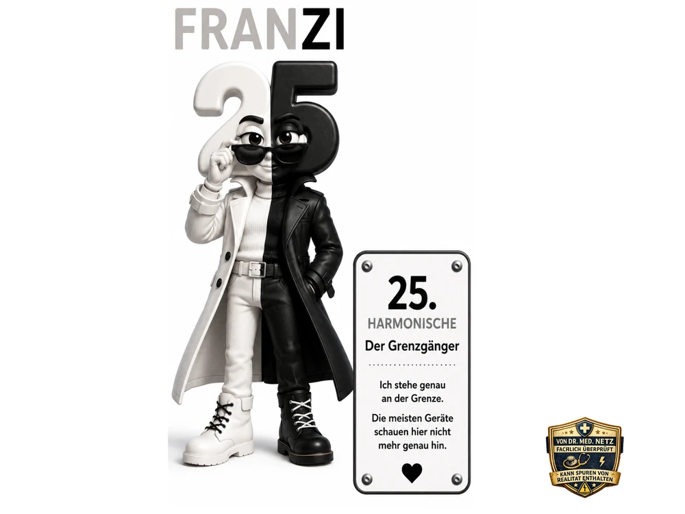 Illustration der Comicfigur Franzi, zweigeteilte Figur (weiß/schwarz) mit der Zahl 25 als Kopf, Sonnenbrille, Mantel in Schwarz-Weiß; Infobox 'Zuständig für: Grenzen erkennen. Spannungen lösen. Klarheit schaffen.' sowie Karte '25. Harmonische – Der Grenzgänger – Ich stehe genau an der Grenze. Die meisten Geräte schauen hier nicht mehr genau hin.'