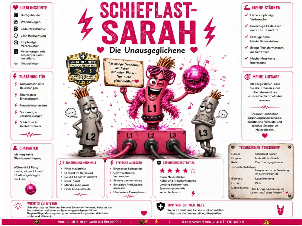 Infografik-Steckbrief zu Schieflast-Sarah mit Textblöcken zu Lieblingsorten, Zuständigkeit, Charakter, Erkennungsmerkmalen, typischen Auslösern, Gefährdungspotential, Stärken und Aufgabe; im Zentrum die drei Phasenfiguren L1 (pink, tanzend), L2 und L3 (grau, gelangweilt) auf dem Verteilerkasten.