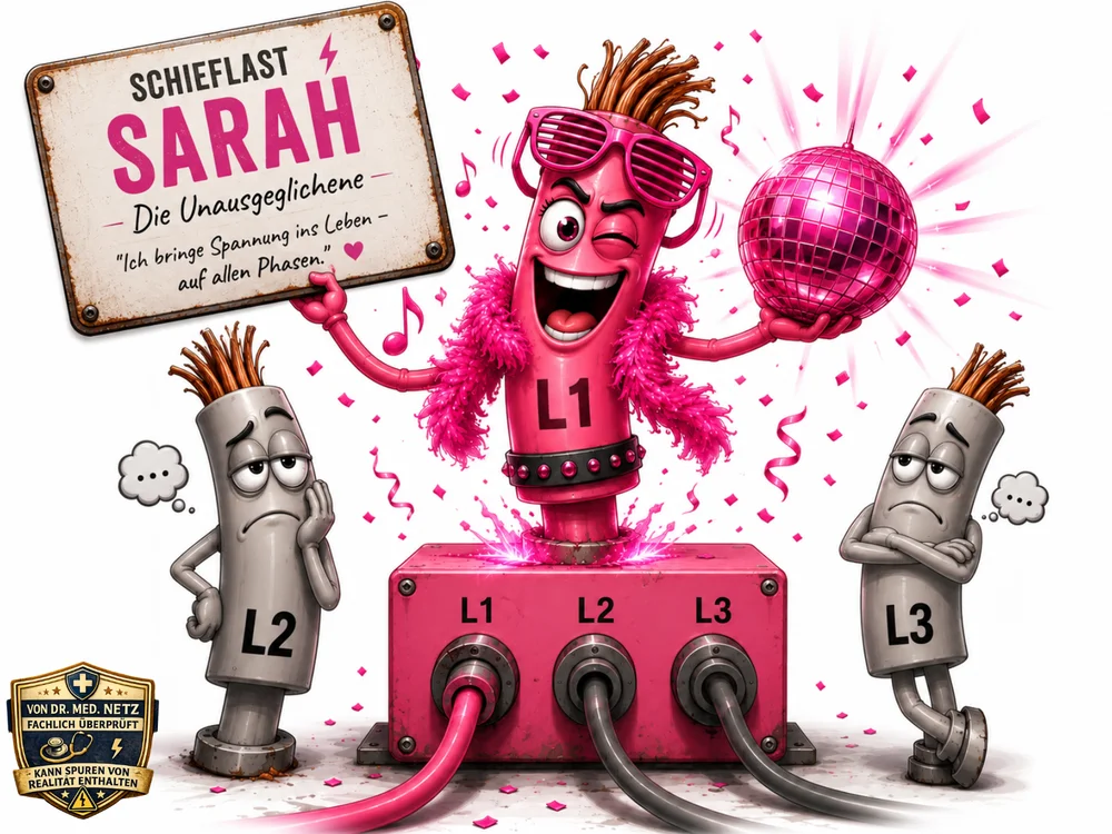 Drei zylinderförmige Comicfiguren, beschriftet L1 (pink, mit Sonnenbrille, Federboa und Discokugel, tanzend), L2 und L3 (grau, mit verschränkten Armen und gelangweiltem Gesichtsausdruck); die Figuren stehen auf einem pinken Verteilerkasten mit den Anschlüssen L1, L2, L3; daneben ein Schild mit der Aufschrift „Schieflast-Sarah – Die Unausgeglichene“ und dem Zitat „Ich bringe Spannung ins Leben – auf allen Phasen.“