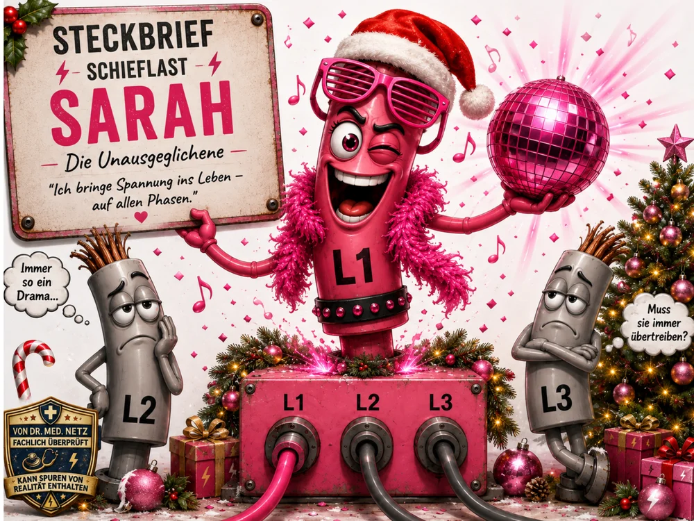 Drei zylinderförmige Phasenfiguren L1 (pink, mit Weihnachtsmütze, Federboa und Discokugel), L2 und L3 (grau, gelangweilt) stehen auf dem Verteilerkasten vor einem geschmückten Weihnachtsbaum mit Geschenken und Lichterkette.